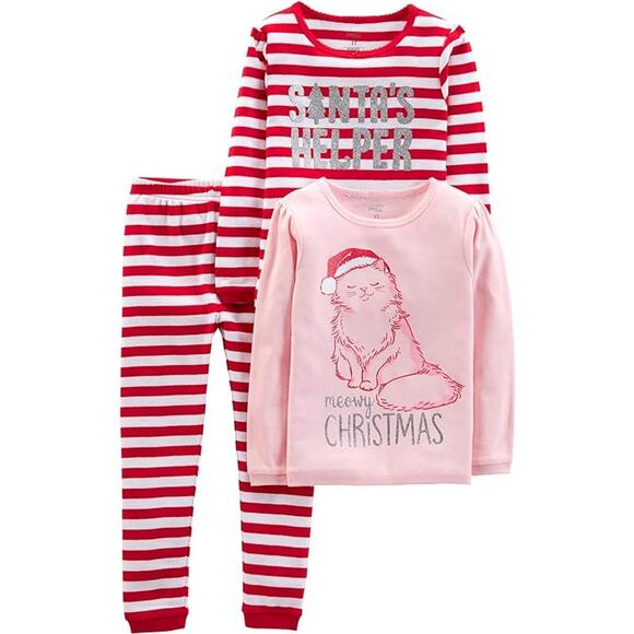 Christmas 3-Piece Snug-fit Cotton Holiday Cat Pajama Set New Size 4 - Picture 1 of 4